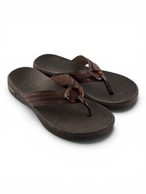 Skechers Women Brown Leather Arch Fit Meditation Flip Flop Sandals 9
